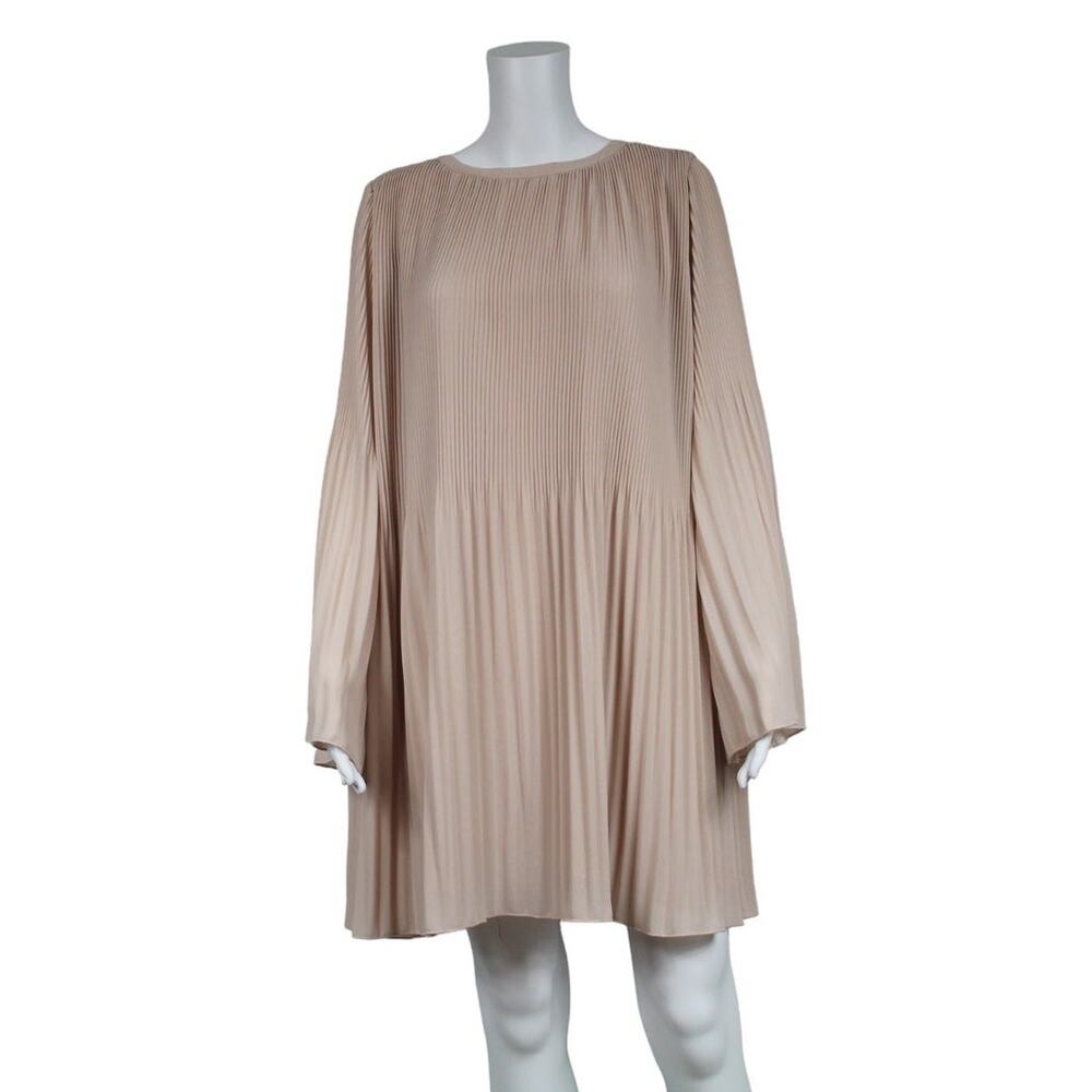 Pleated Long-Sleeve Shift Dress in Blush